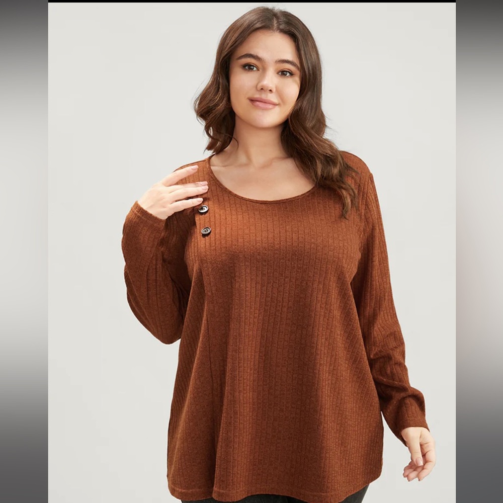 Round Neck Button Detail Ribbed Knit Sweater